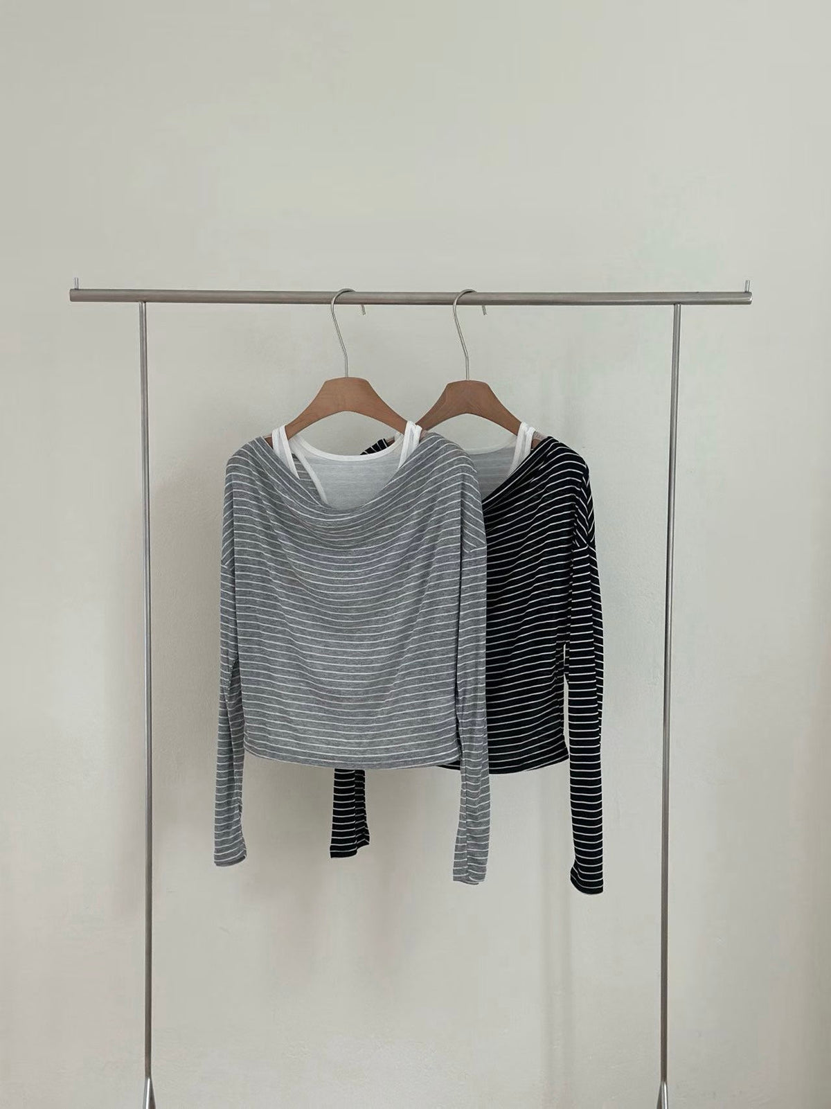 條紋長袖罩衫兩件套裝 (2 Colors)