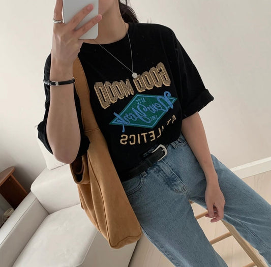微寬鬆復古撞色Graphic Tee (2 Colors)