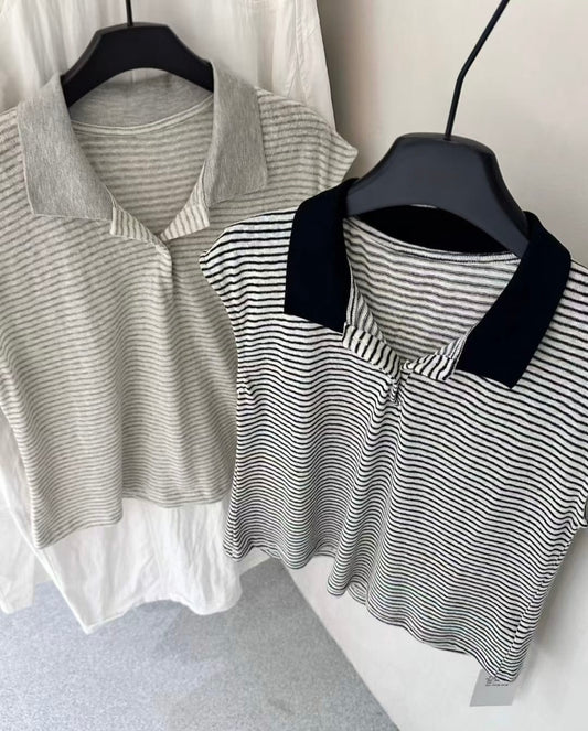 黑白細條紋翻領polo上衣 (2 Colors)