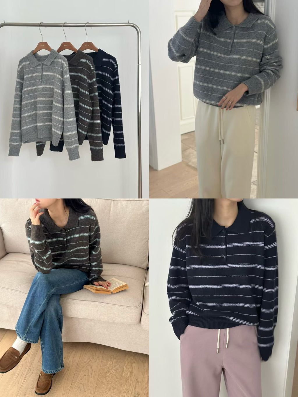 條紋翻領針織上衣 3色