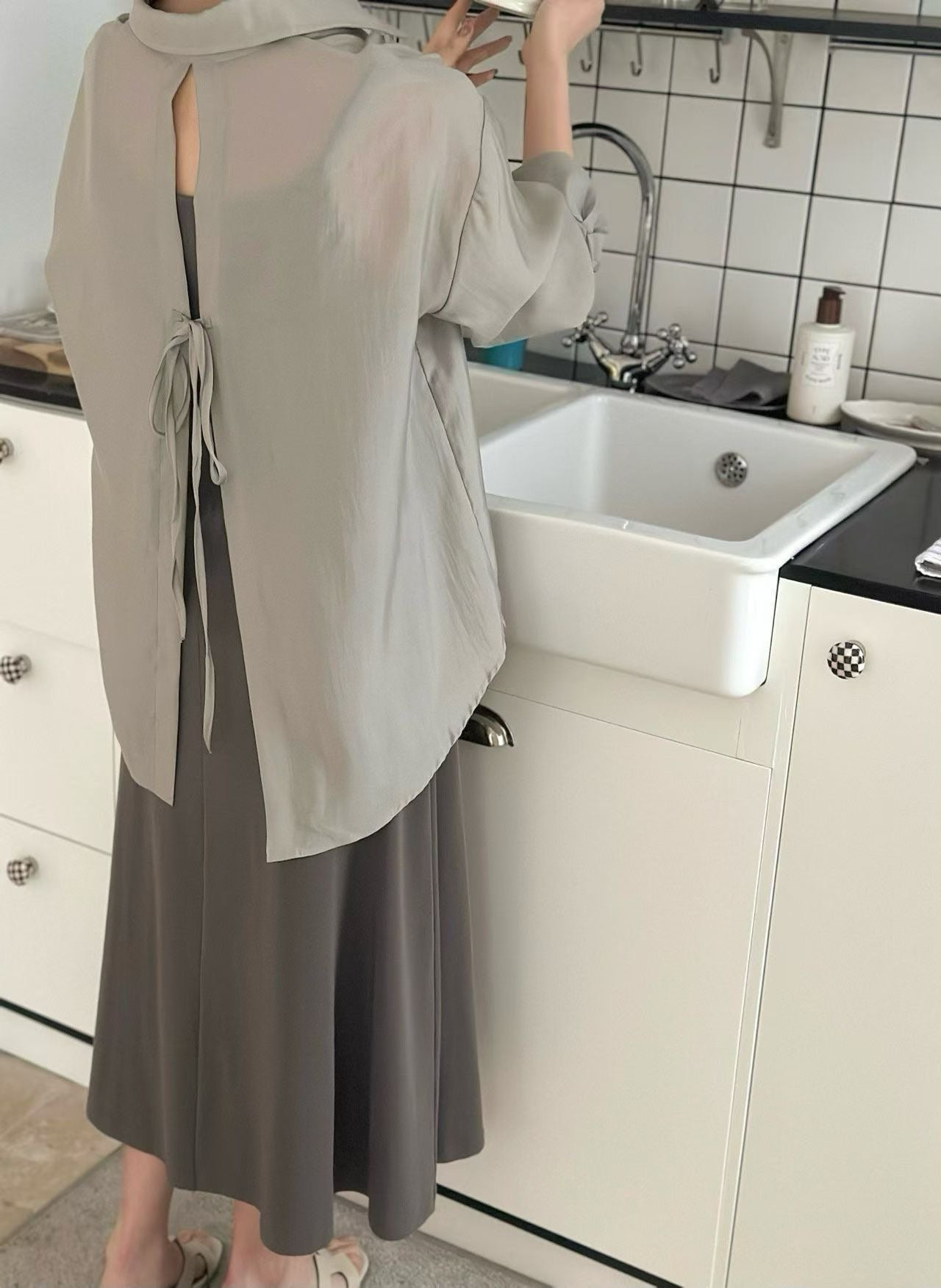 後綁帶襯衫連身裙套裝 (3色)