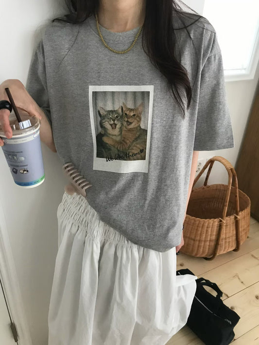 復古拍立得貓咪印花寬鬆Tee (2 Colors)