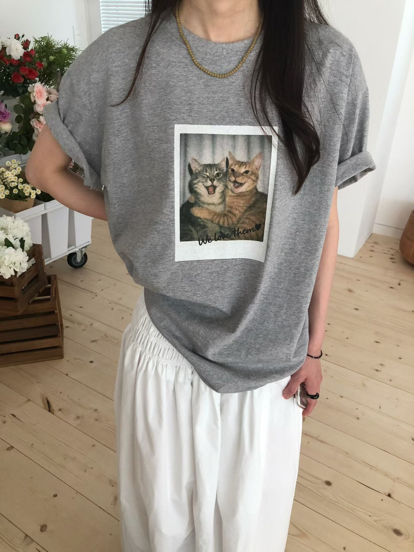復古拍立得貓咪印花寬鬆Tee (2 Colors)