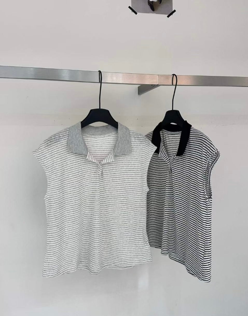 黑白細條紋翻領polo上衣 (2 Colors)