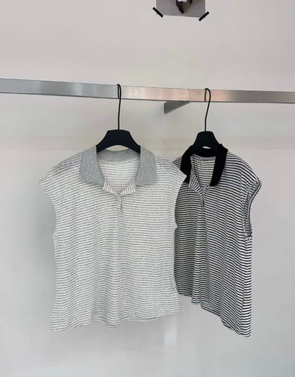 黑白細條紋翻領polo上衣 (2 Colors)