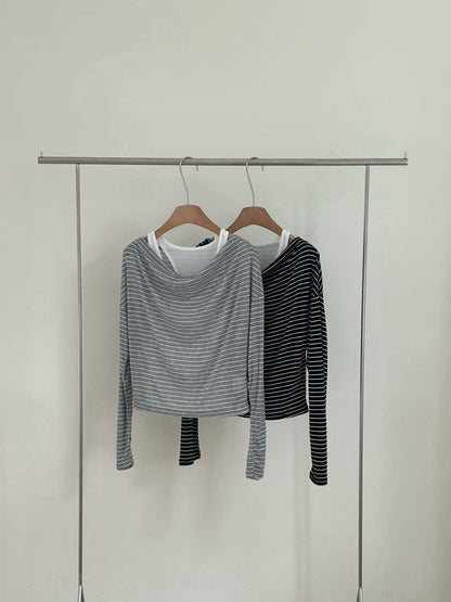 條紋長袖罩衫兩件套裝 (2 Colors)