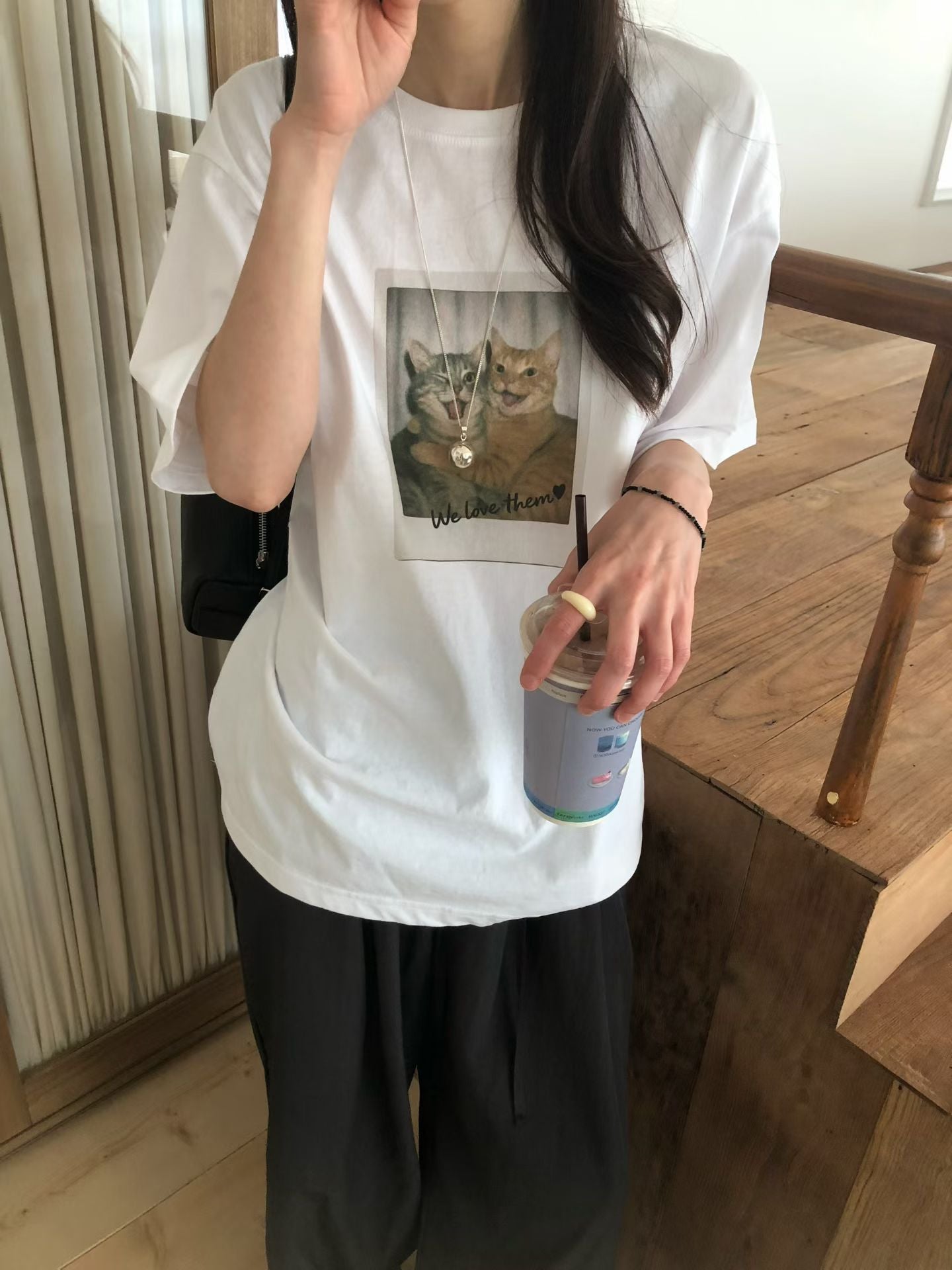 復古拍立得貓咪印花寬鬆Tee (2 Colors)