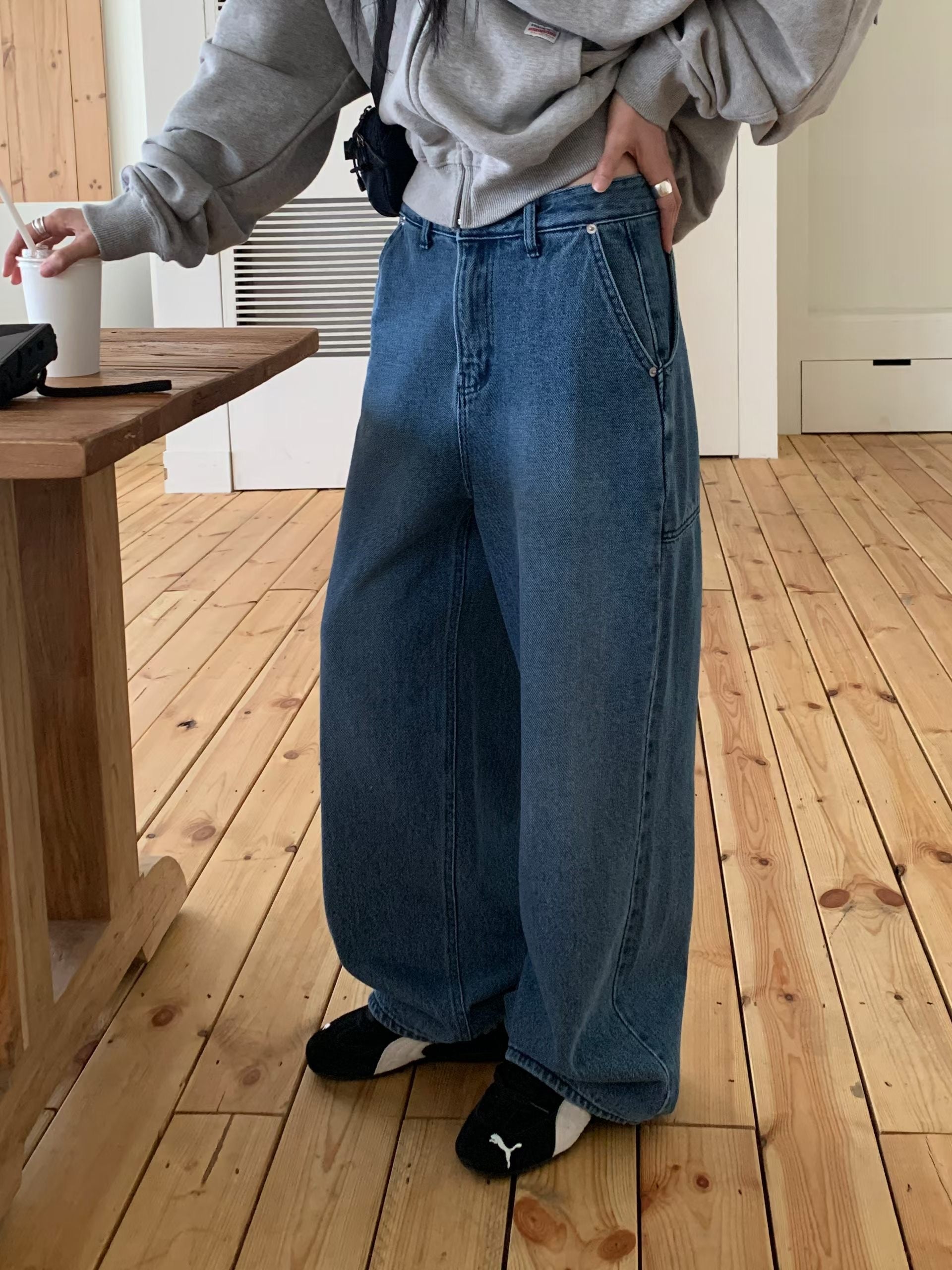 直筒寬鬆口袋牛仔褲