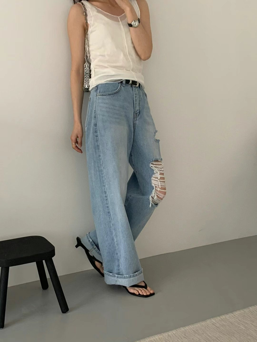 涼感破洞牛仔褲