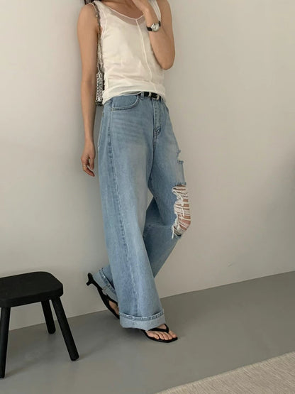 涼感破洞牛仔褲