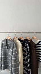 條紋翻領針織上衣 3色 (現貨)