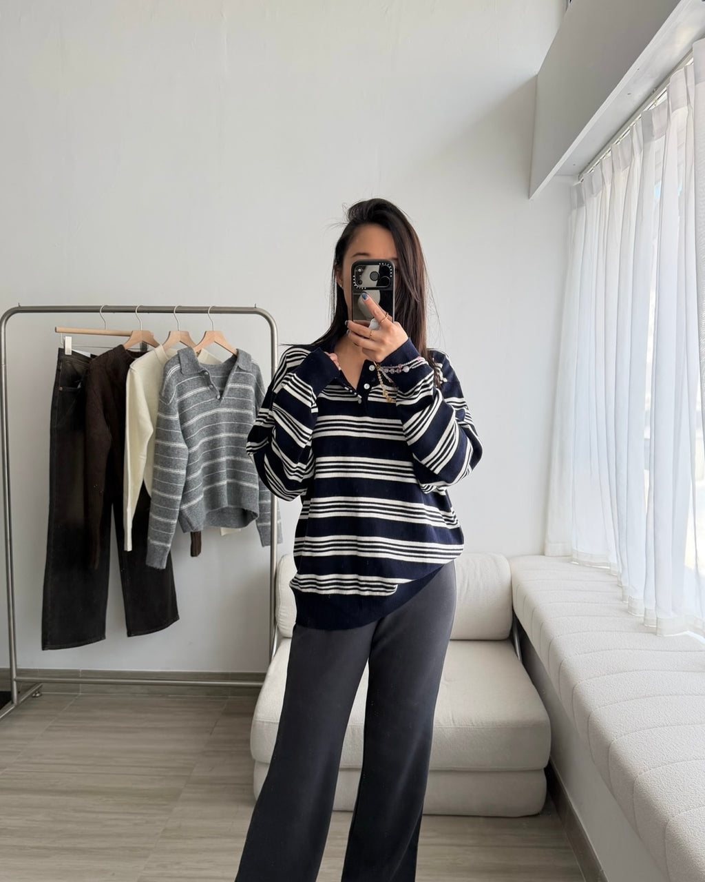 條紋翻領針織上衣 (3色)