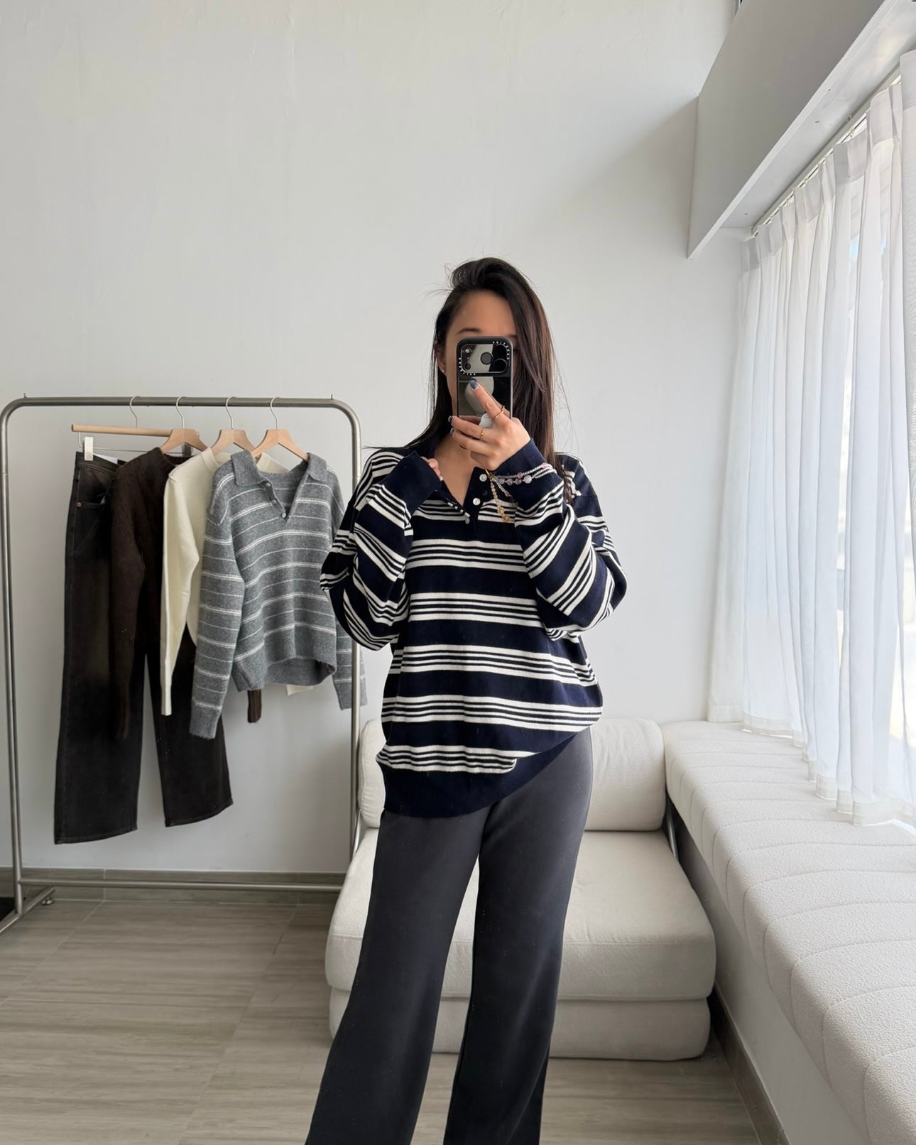 條紋翻領針織上衣 3色 (現貨)