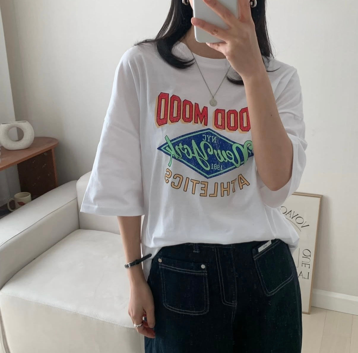 微寬鬆復古撞色Graphic Tee (2 Colors)