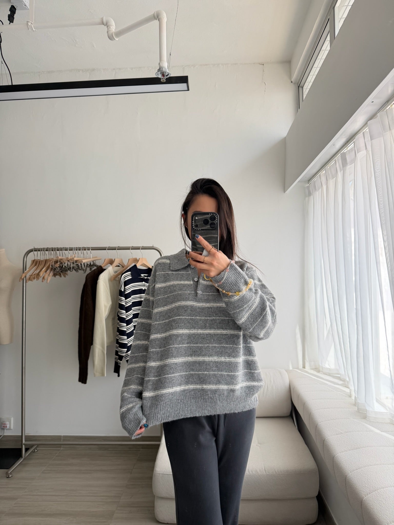 條紋翻領針織上衣 3色 (現貨)