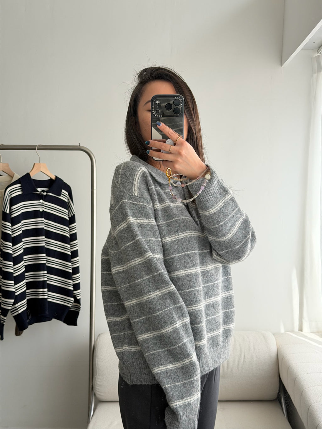 條紋翻領針織上衣 3色 (現貨)
