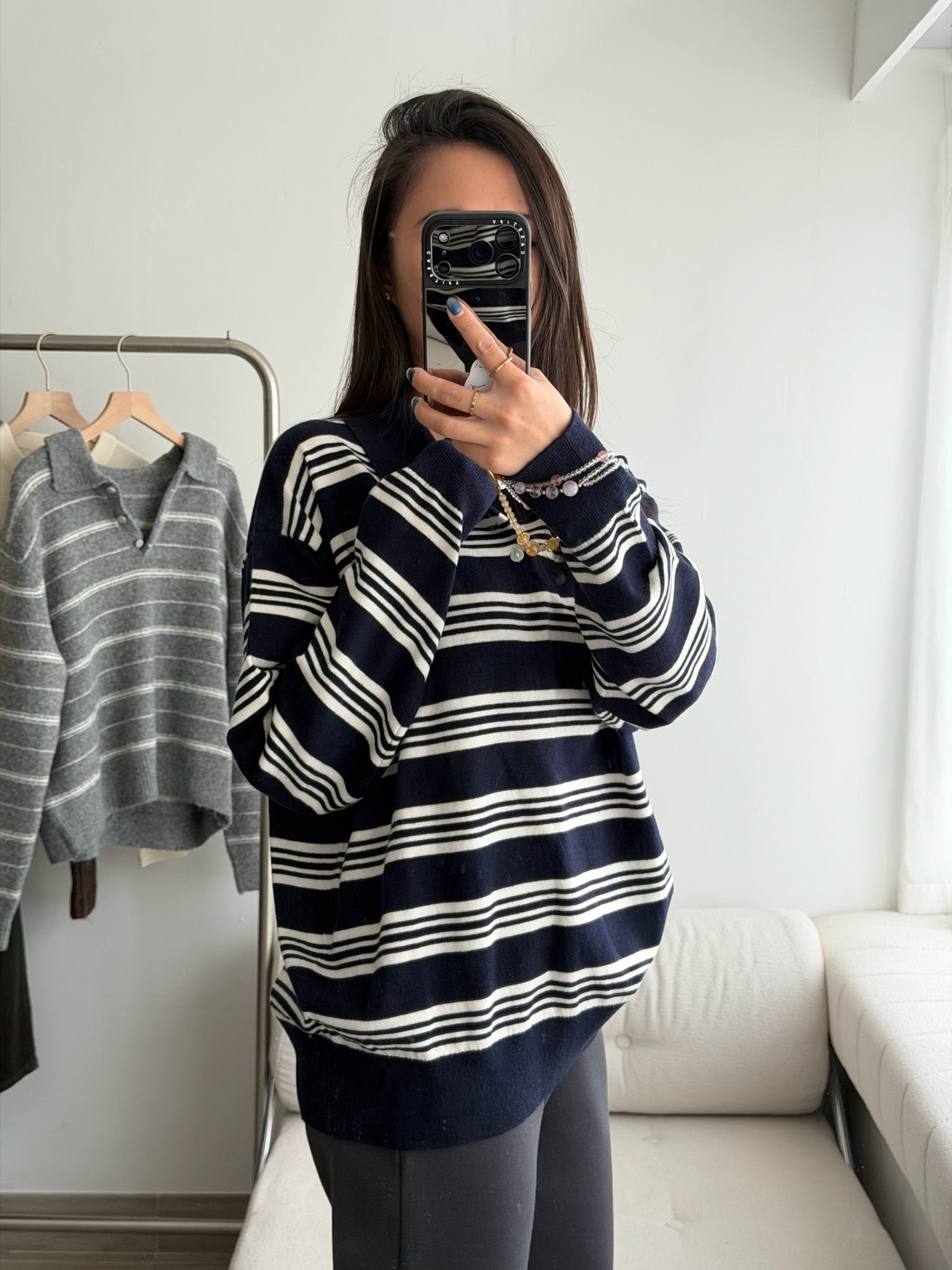 條紋翻領針織上衣 3色 (現貨)