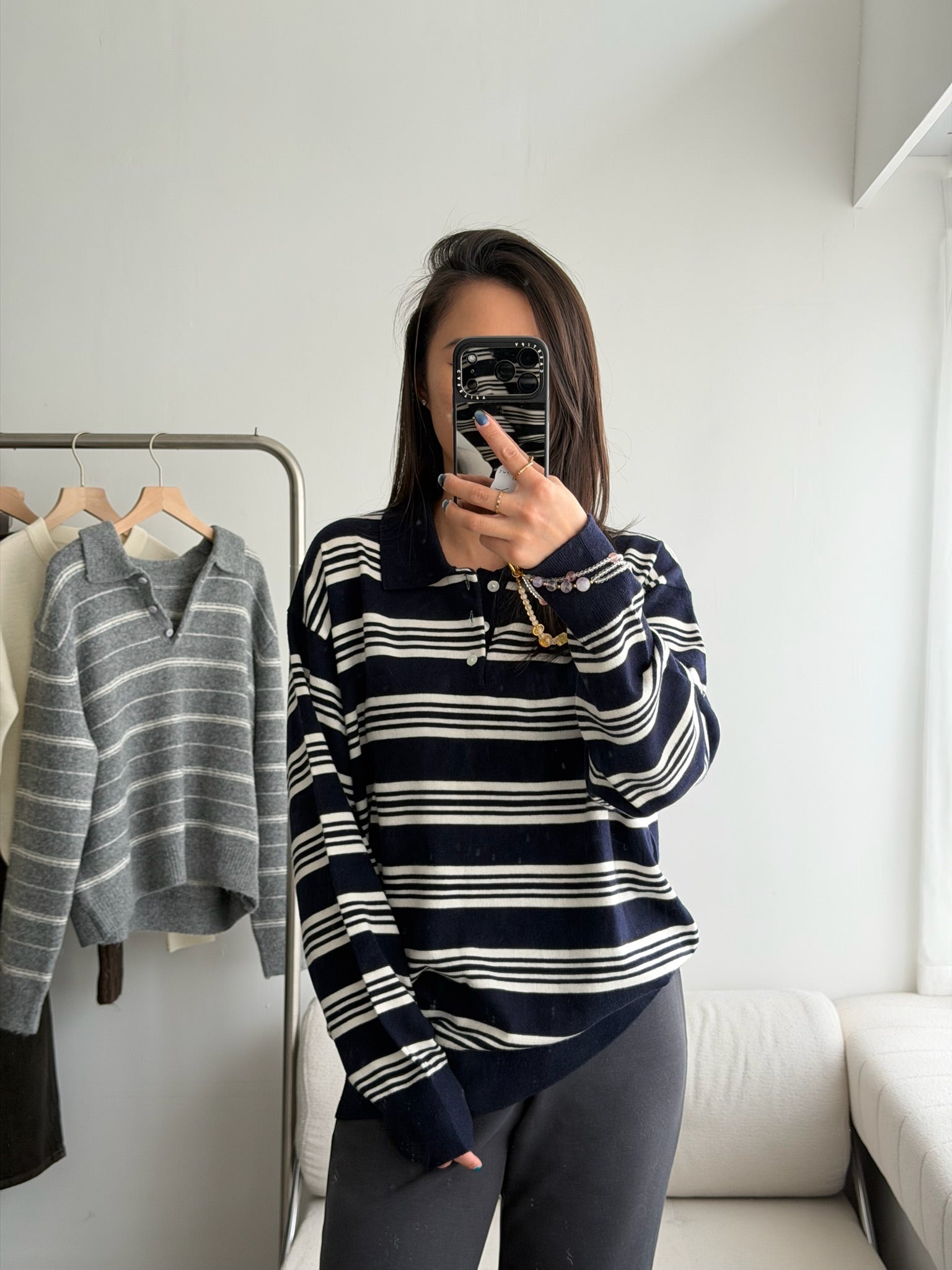 條紋翻領針織上衣 3色 (現貨)