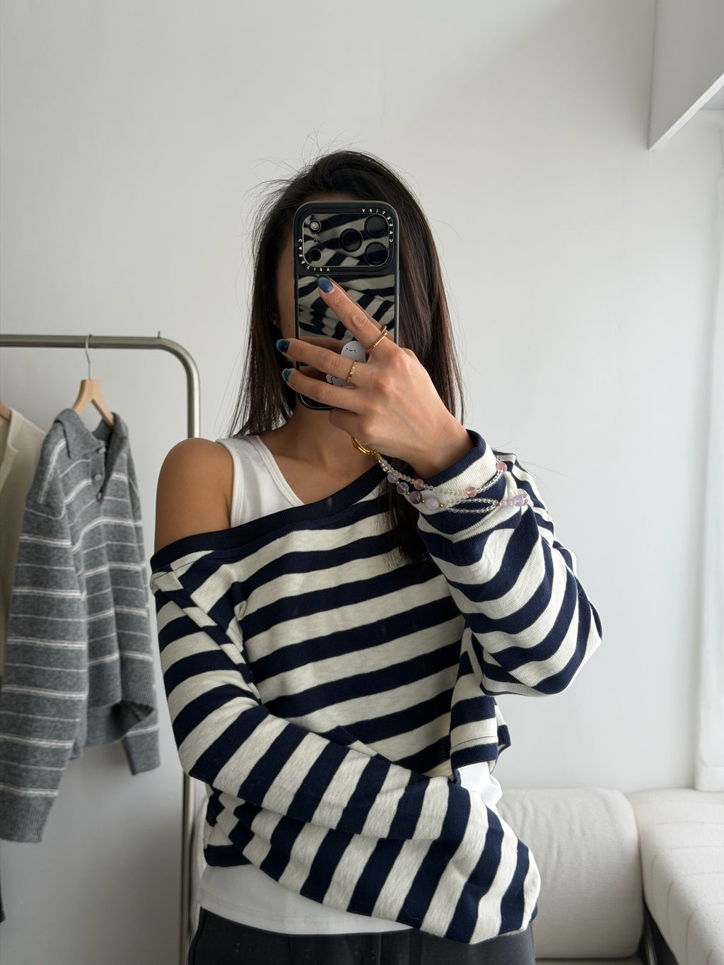 條紋露肩衛衣套裝 3色 (現貨)