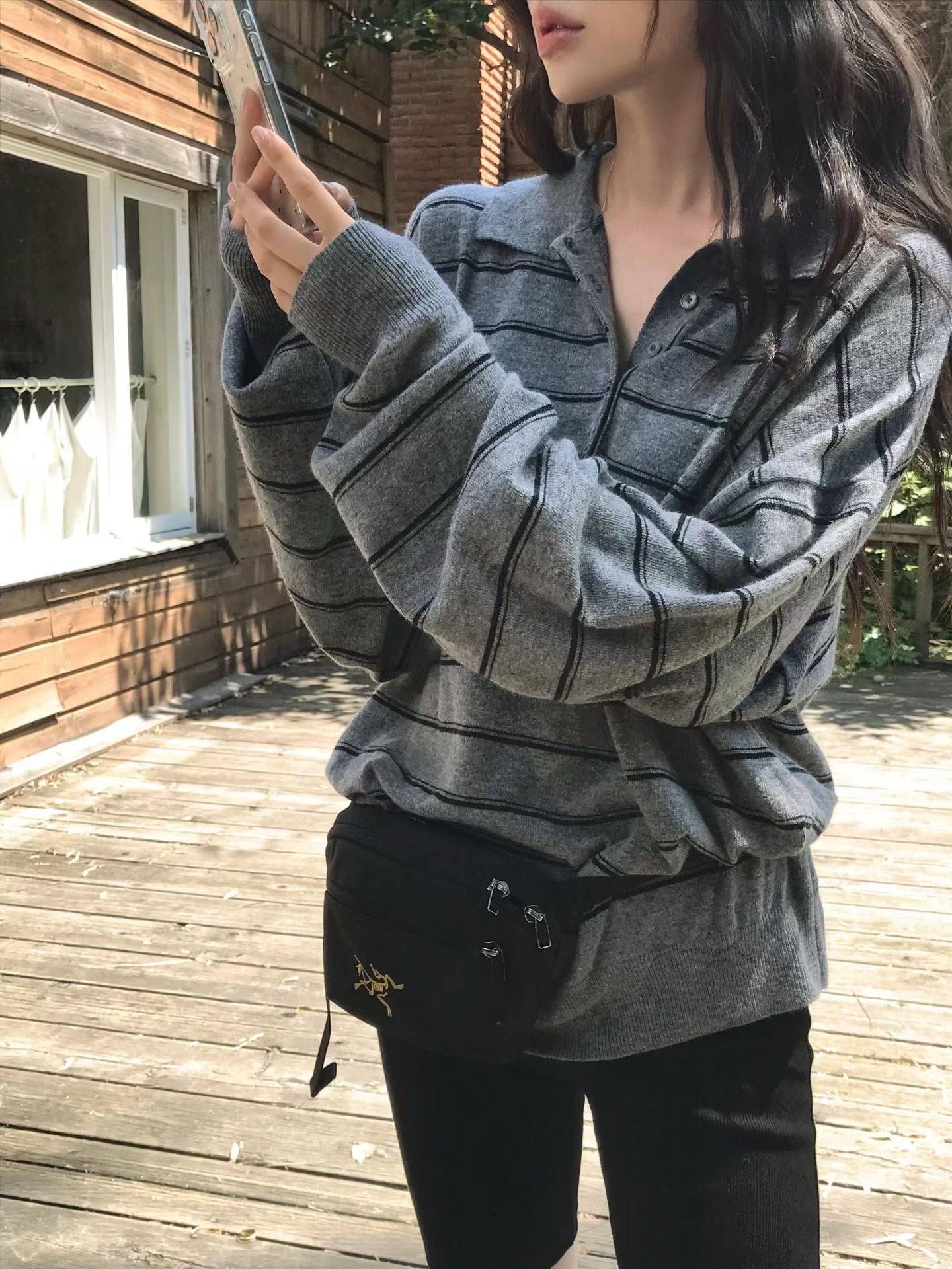 翻領條紋針織上衣 3色