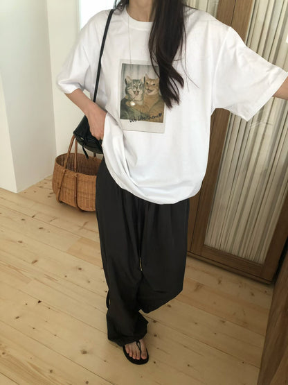 復古拍立得貓咪印花寬鬆Tee (2 Colors)