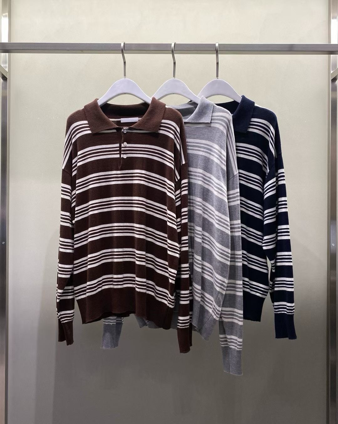 條紋翻領針織上衣 3色