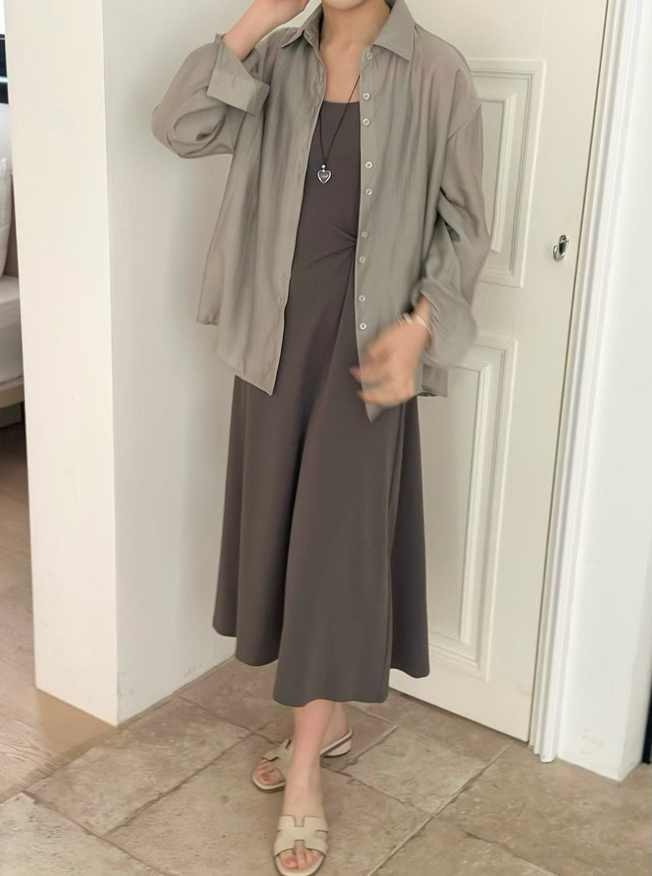 後綁帶襯衫連身裙套裝 (3色)