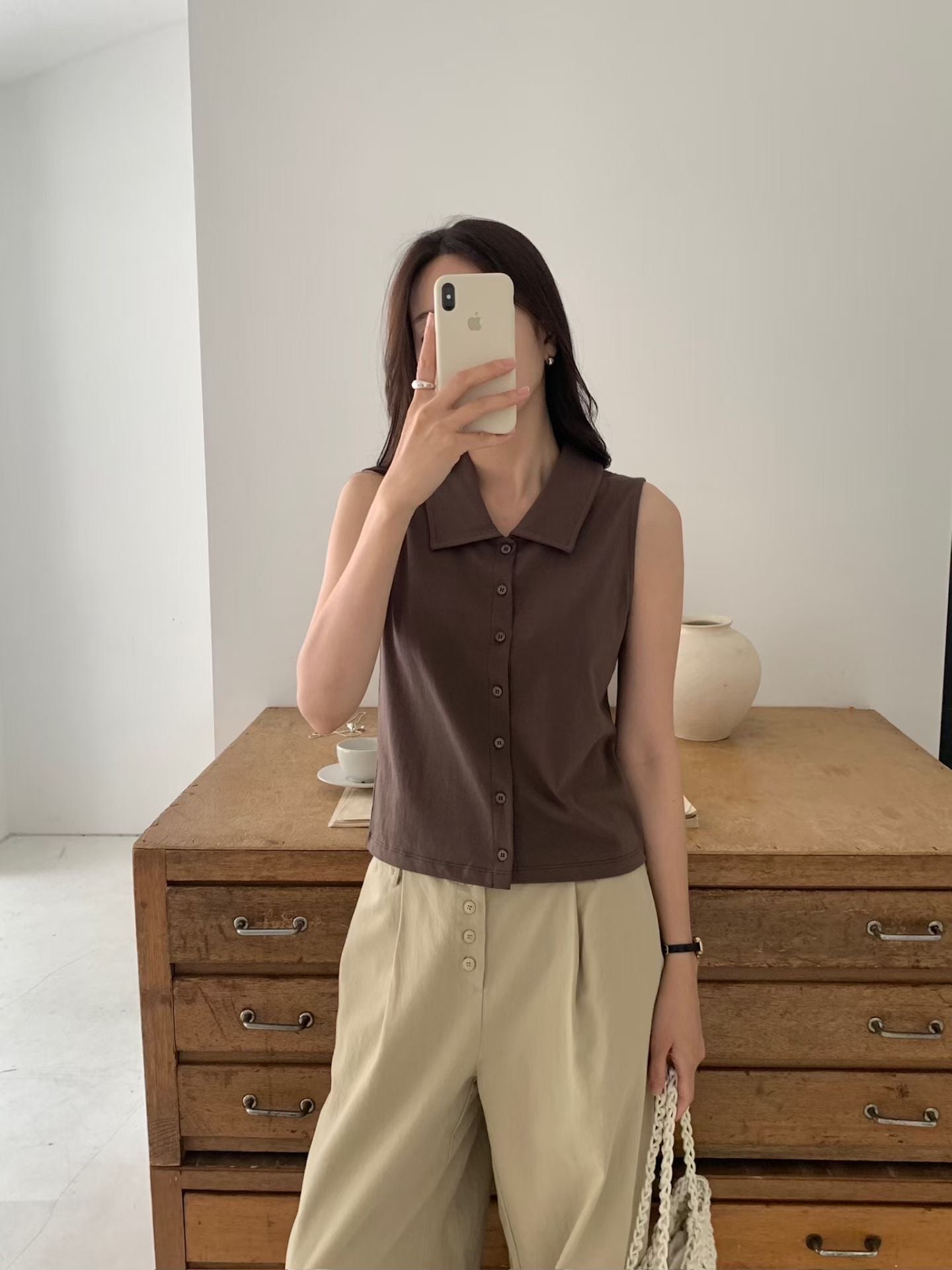 復古小翻領純色顯瘦排鈕背心 (2 Colors)