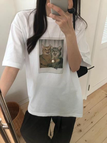 復古拍立得貓咪印花寬鬆Tee (2 Colors)