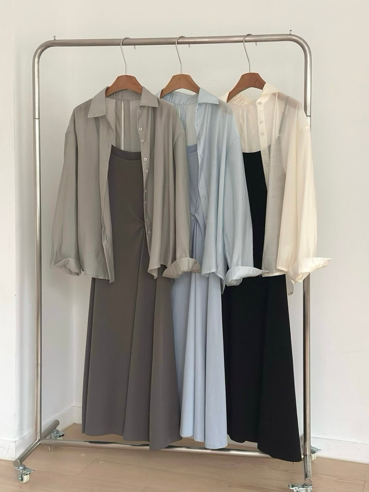 後綁帶襯衫連身裙套裝 (3色)