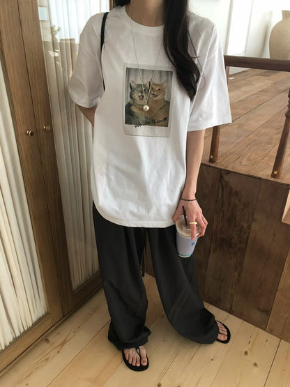 復古拍立得貓咪印花寬鬆Tee (2 Colors)