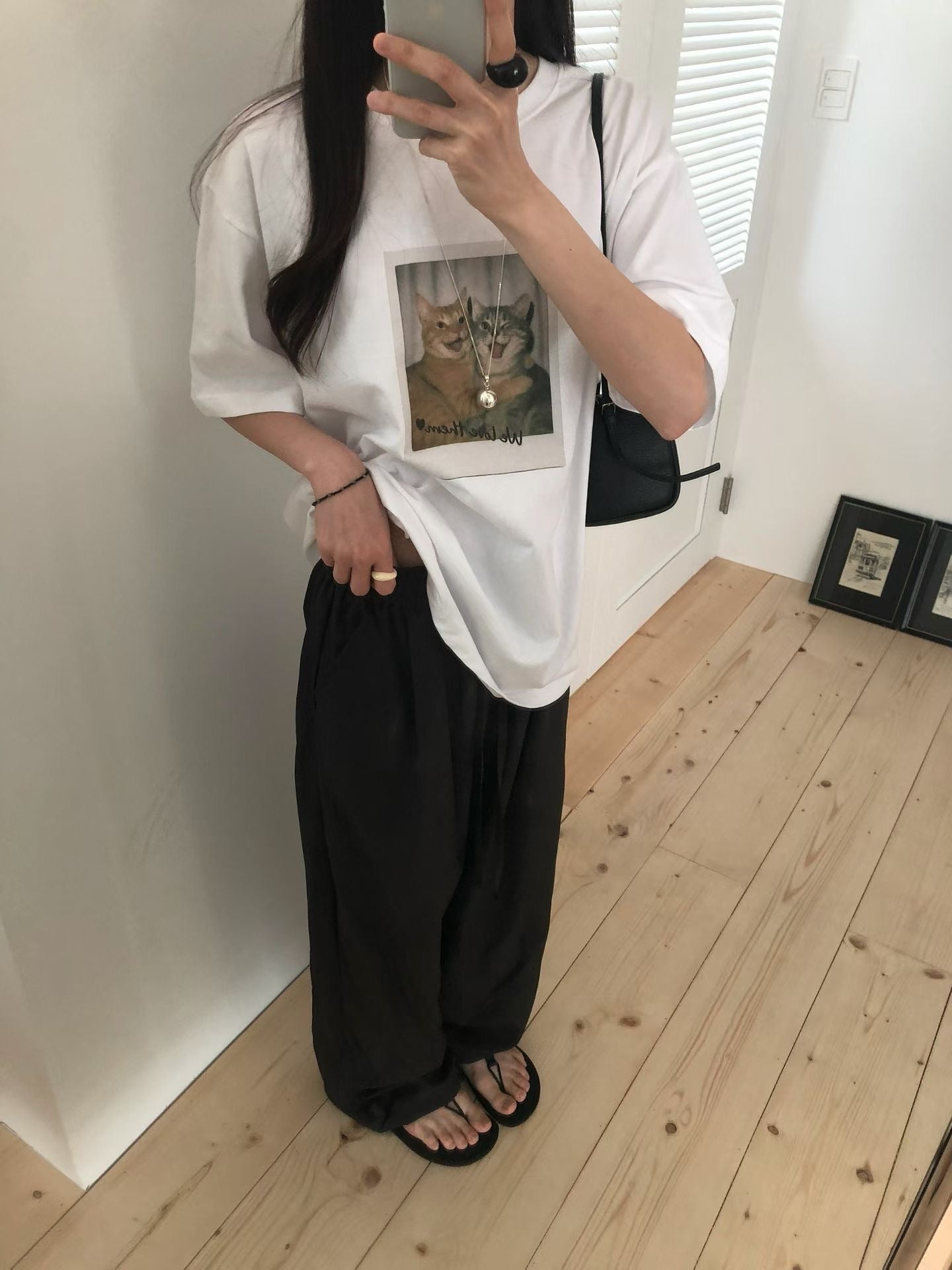 復古拍立得貓咪印花寬鬆Tee (2 Colors)