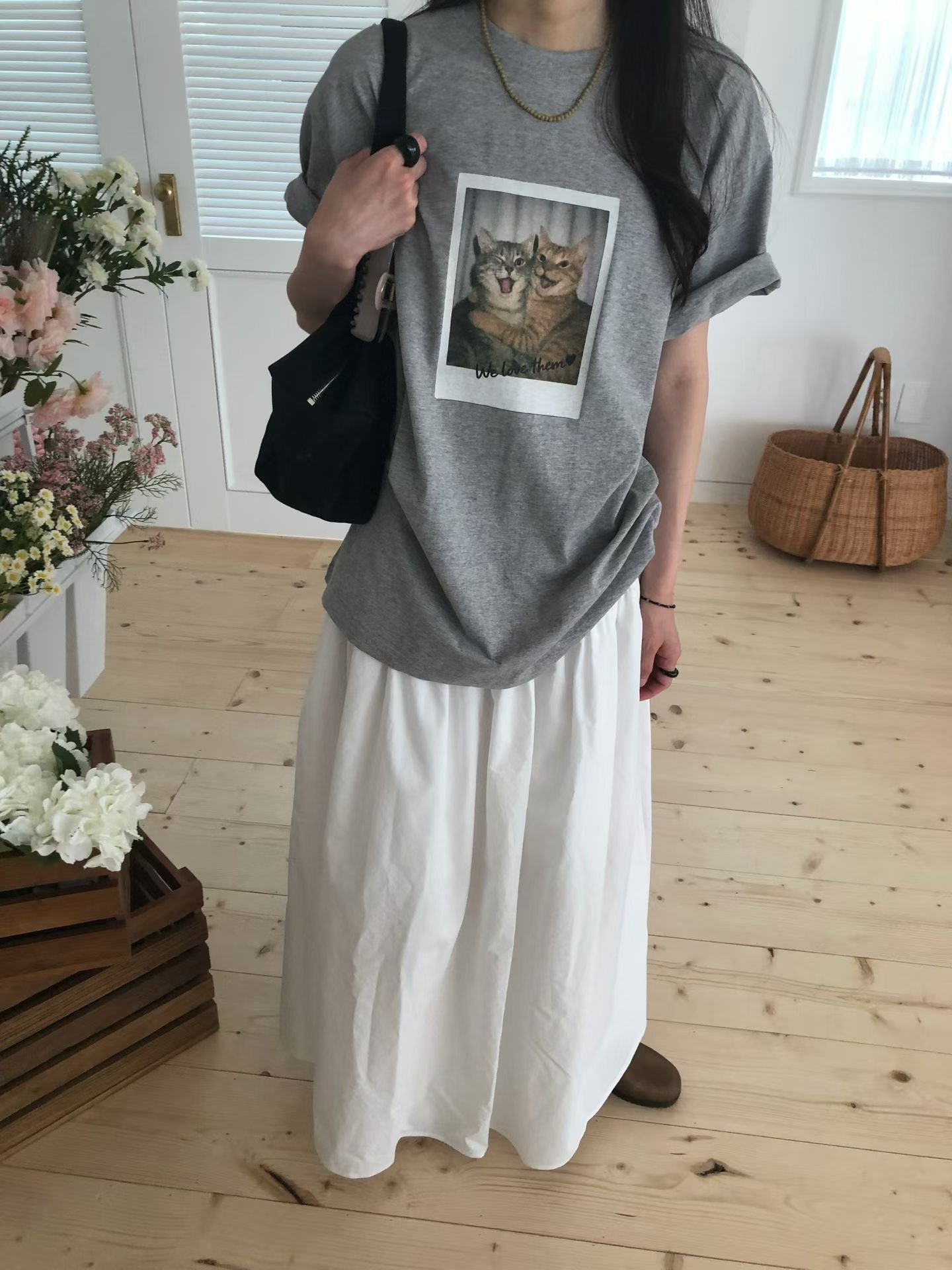 復古拍立得貓咪印花寬鬆Tee (2 Colors)