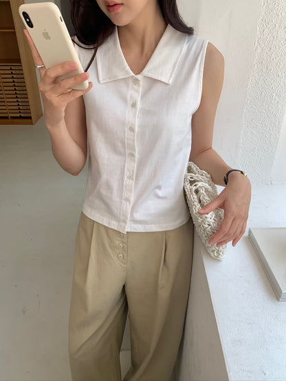 復古小翻領純色顯瘦排鈕背心 (2 Colors)