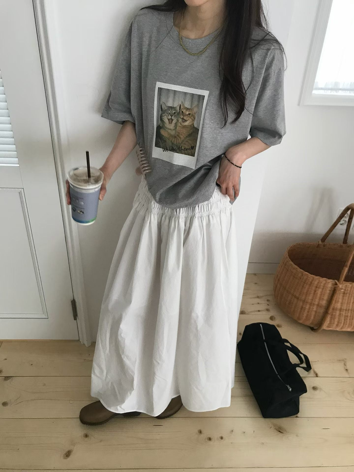 復古拍立得貓咪印花寬鬆Tee (2 Colors)