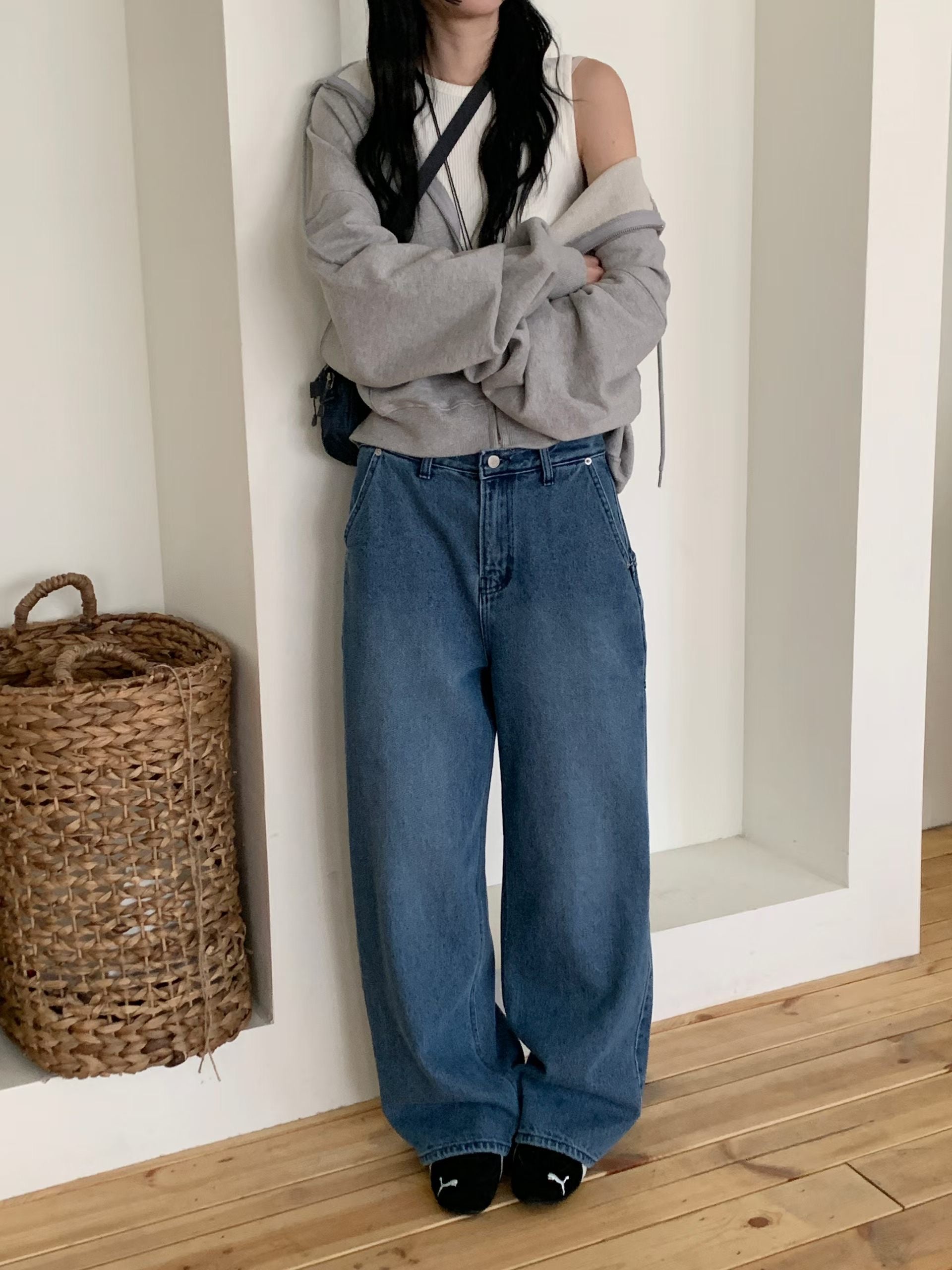 直筒寬鬆口袋牛仔褲