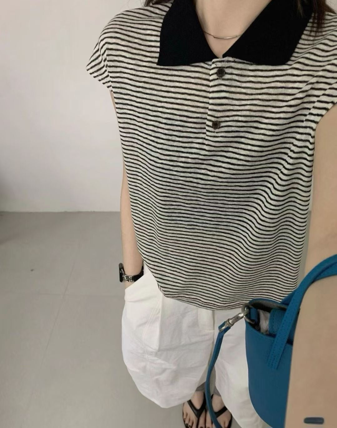 黑白細條紋翻領polo上衣 (2 Colors)