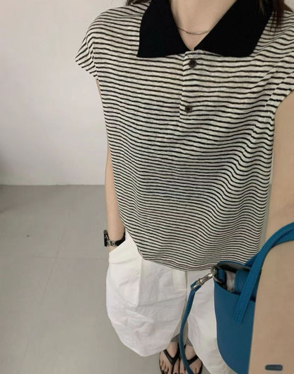 黑白細條紋翻領polo上衣 (2 Colors)